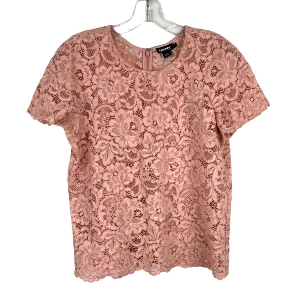 DKNY blush pink lace top blouse Sz 6 short sleeve semi-sheer